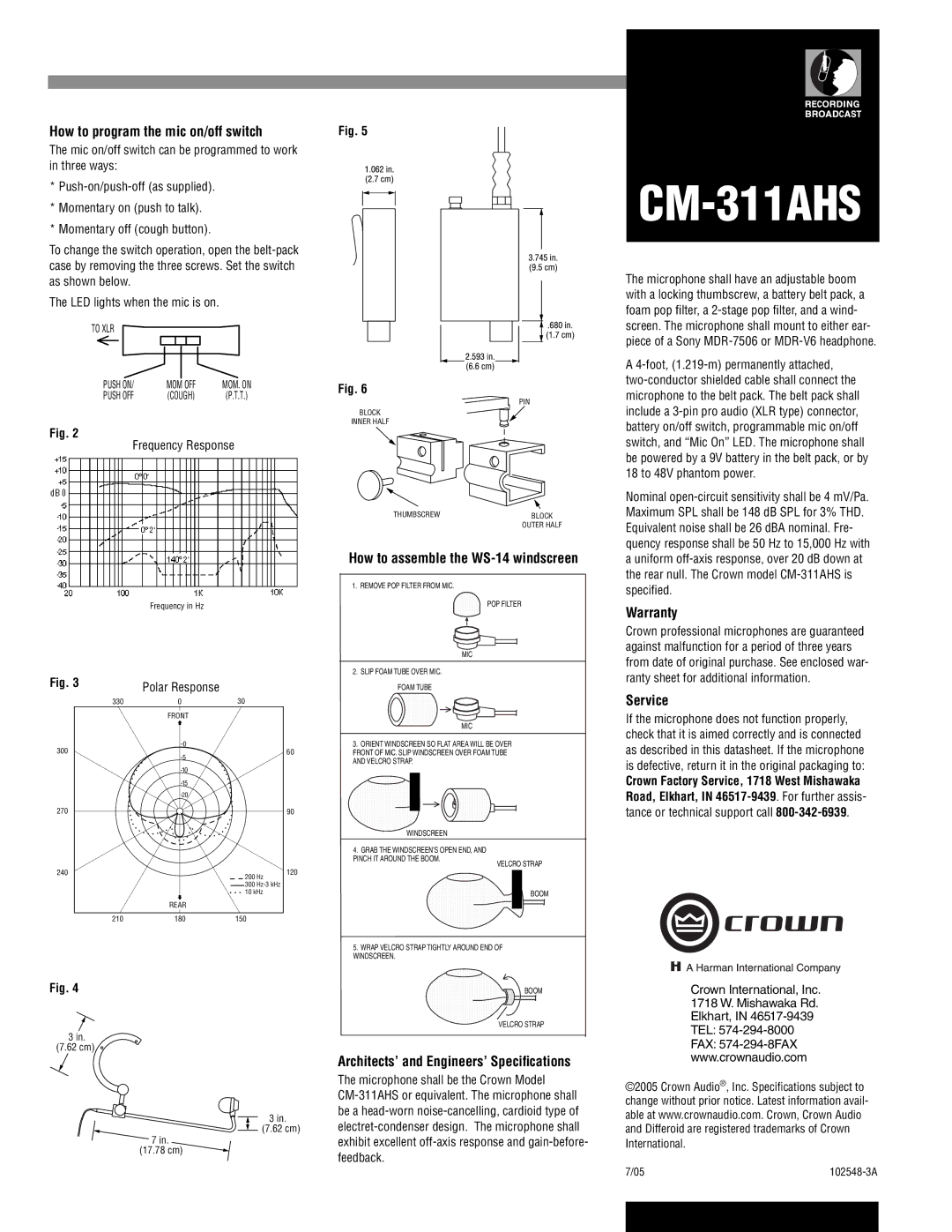 Crown Audio CM-311AHS How to program the mic on/off switch, How to assemble the WS-14 windscreen, Warranty, Service 