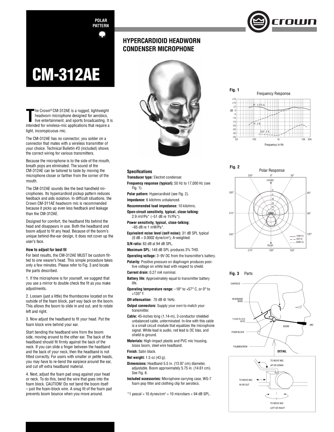 Crown Audio CM-312AE specifications Speciﬁcations, How to adjust for best ﬁt 