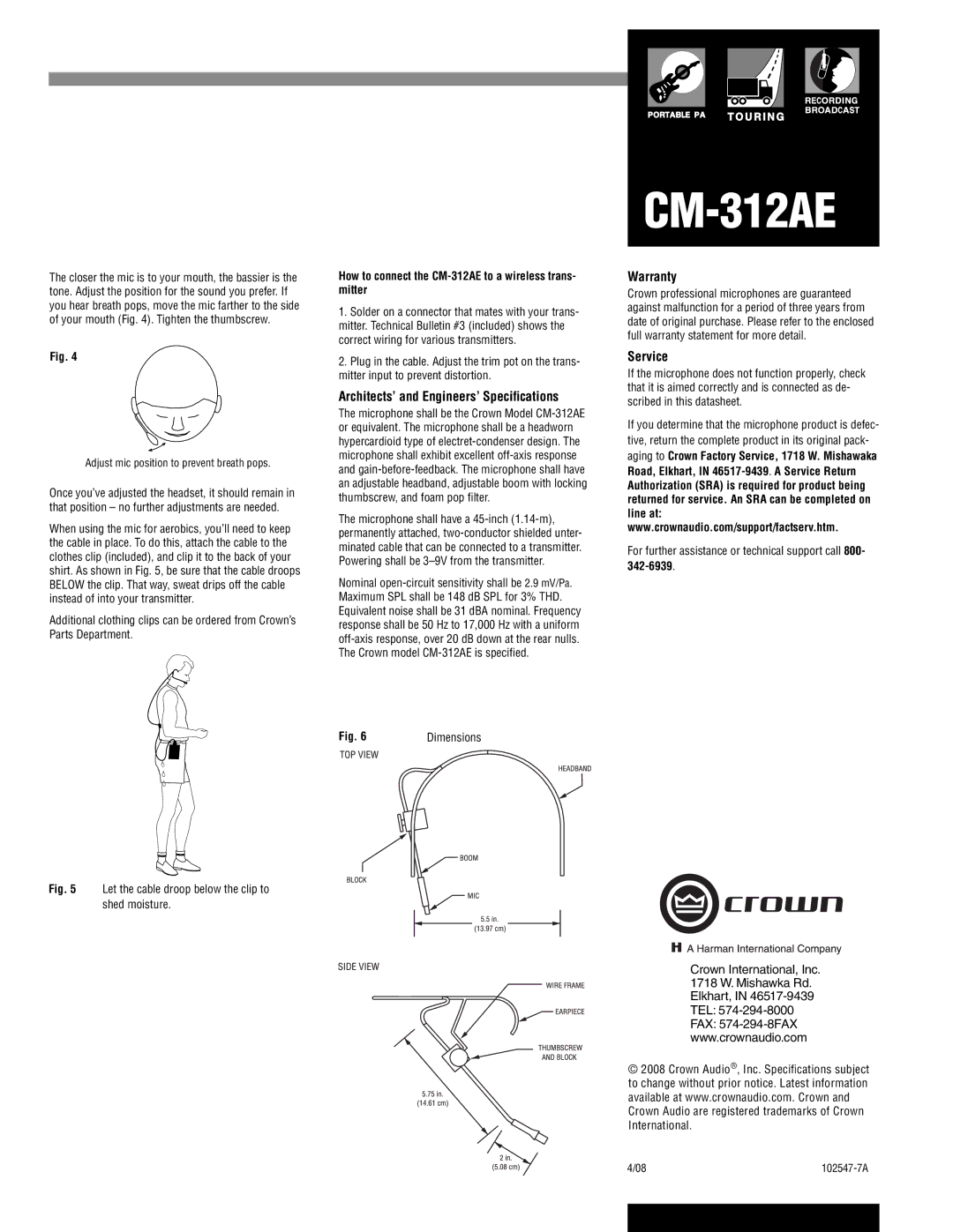 Crown Audio CM-312AE specifications Architects’ and Engineers’ Speciﬁcations, Warranty, Service 