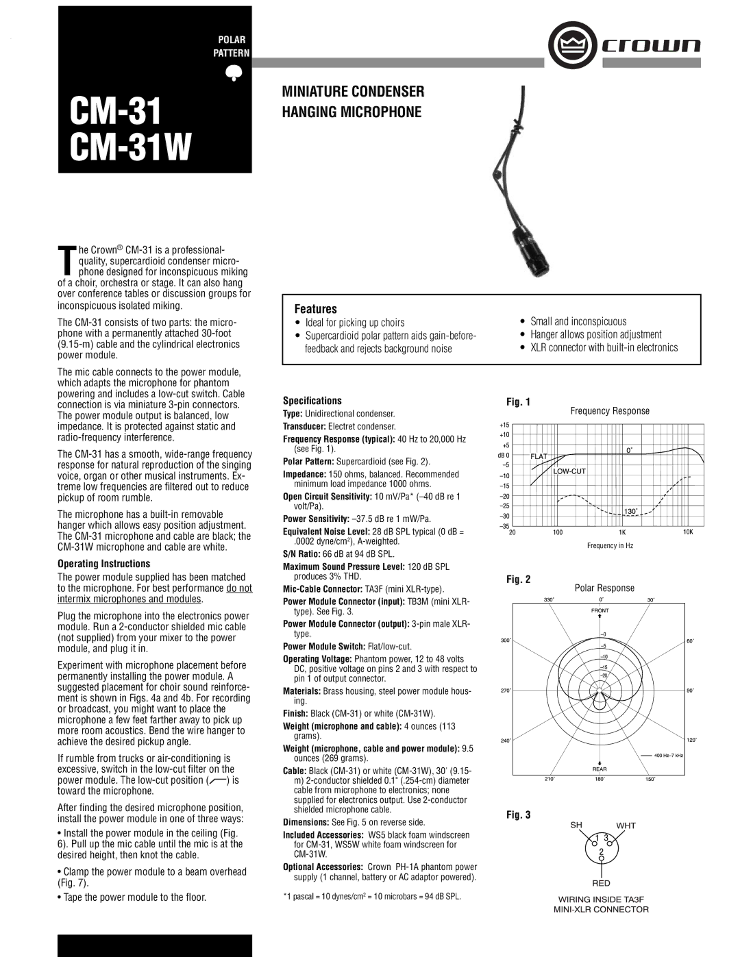 Crown Audio CM-31W operating instructions Speciﬁcations, Operating Instructions 