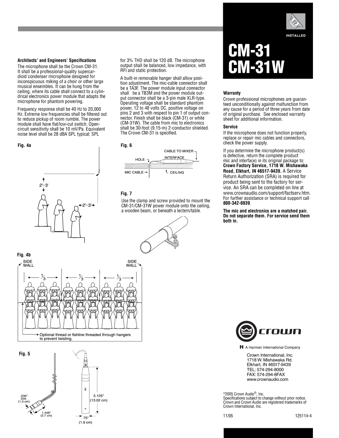 Crown Audio CM-31W Architects’ and Engineers’ Speciﬁcations, Warranty, Service, 1718 W. Mishawaka Rd, Crown Audio, Inc 