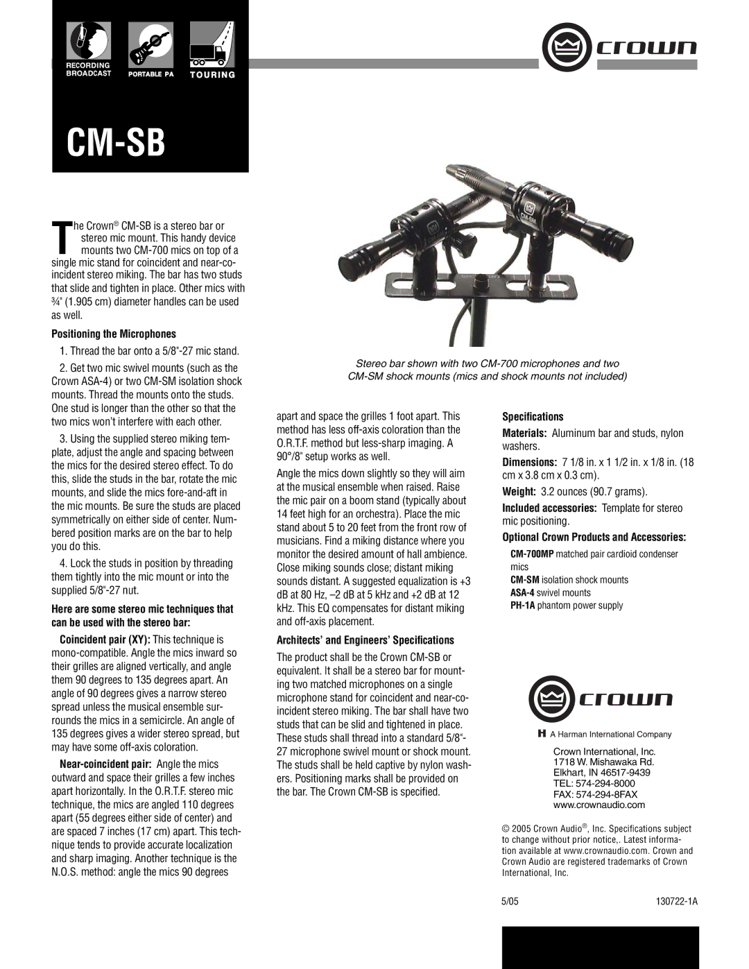 Crown Audio CM-SB specifications Cm-Sb, Positioning the Microphones, Architects’ and Engineers’ Speciﬁcations 