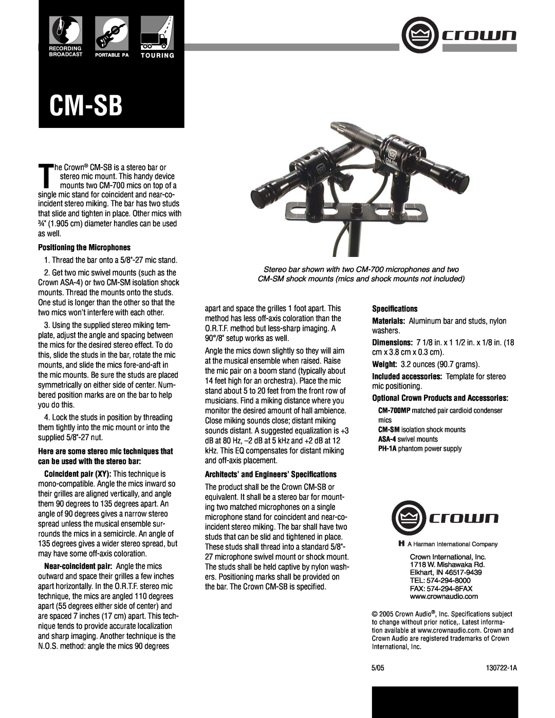Crown Audio CM-SB specifications Cm-Sb, Positioning the Microphones, you do this, supplied 5/8-27 nut, Speciﬁcations 