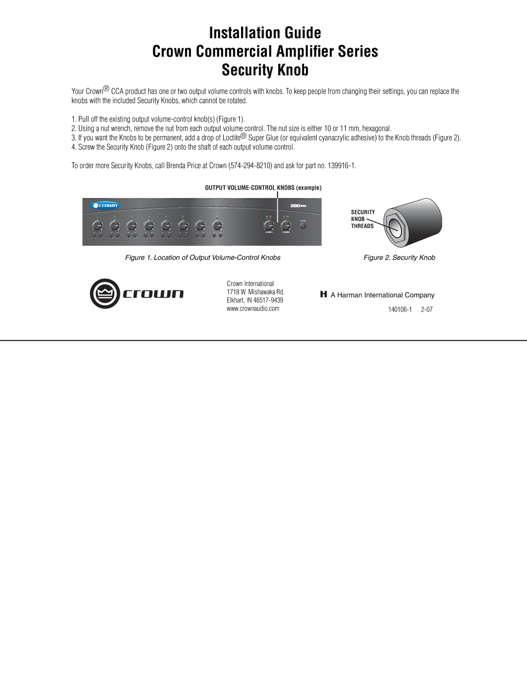 Crown Audio Commercial Amplifier Series manual Location of Output Volume-Control Knobs 