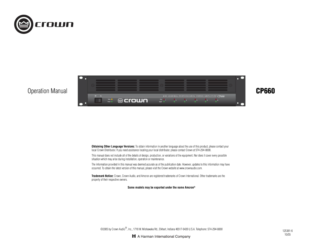 Crown Audio CP660 operation manual Some models may be exported under the name Amcron 