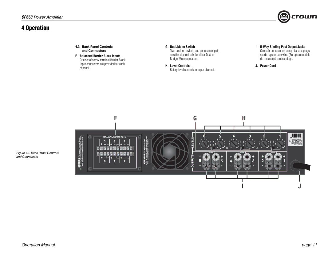 Crown Audio CP660 operation manual Dual/Mono Switch, Level Controls, Rotary level controls, one per channel, Power Cord 