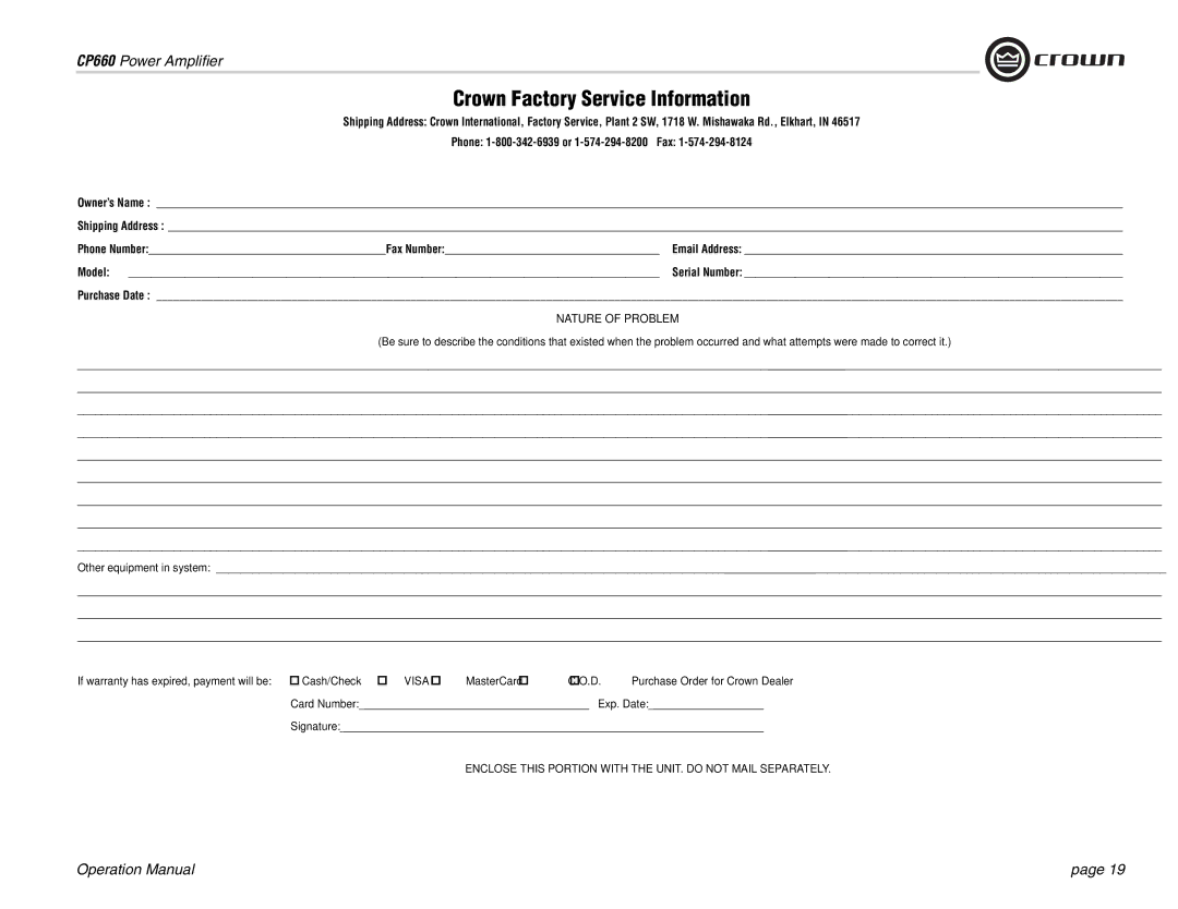 Crown Audio CP660 operation manual Crown Factory Service Information, Model 