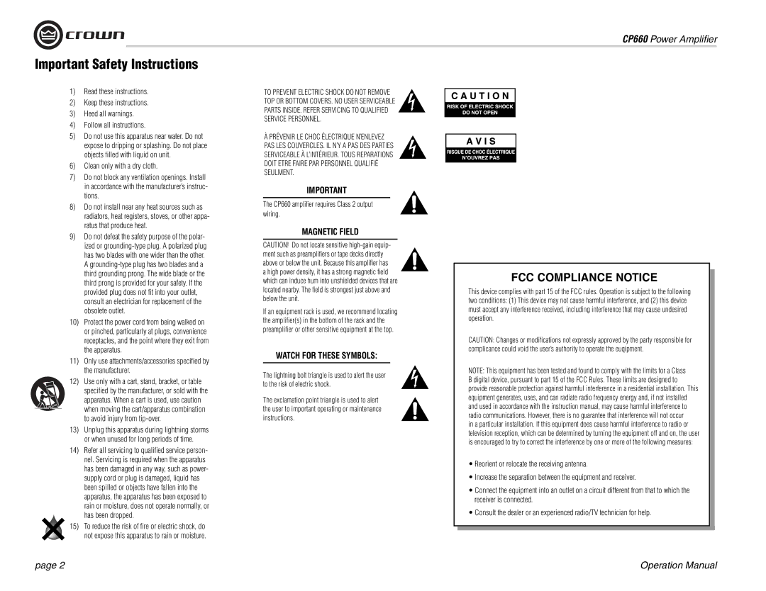 Crown Audio CP660 operation manual Important Safety Instructions, Magnetic Field 