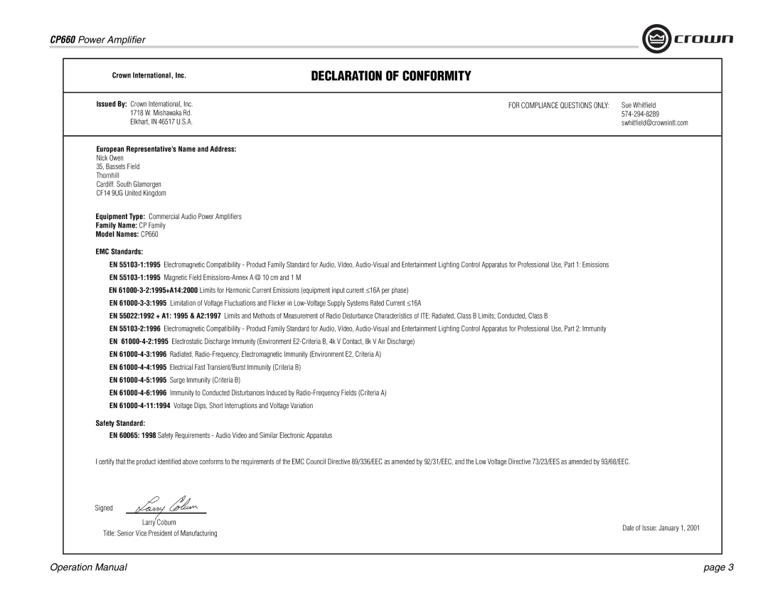 Crown Audio CP660 operation manual Crown International, Inc, European Representative’s Name and Address, Safety Standard 