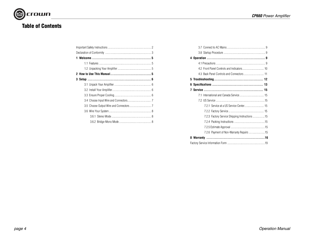 Crown Audio CP660 operation manual Table of Contents 