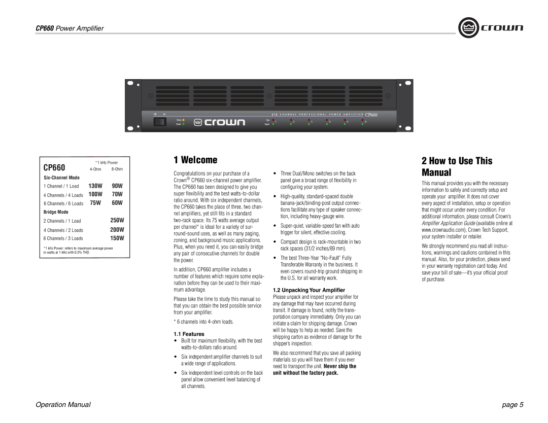 Crown Audio CP660 operation manual Welcome, How to Use This Manual, Channels into 4-ohm loads, Features 