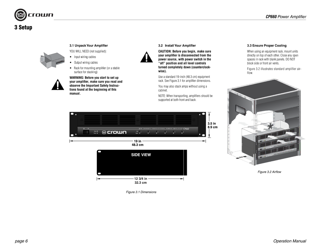 Crown Audio CP660 Setup, You may also stack amps without using a cabinet, Unpack Your Ampliﬁer, Install Your Ampliﬁer 