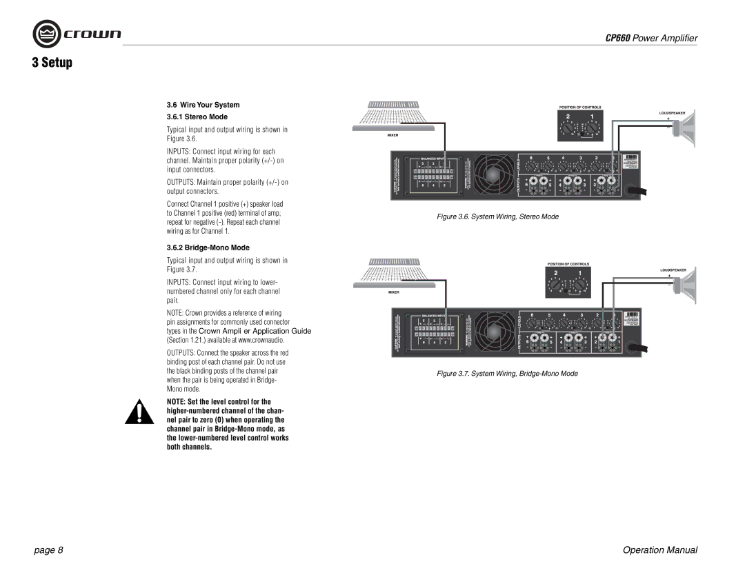 Crown Audio CP660 operation manual Wire Your System 3.6.1 Stereo Mode, Bridge-Mono Mode 