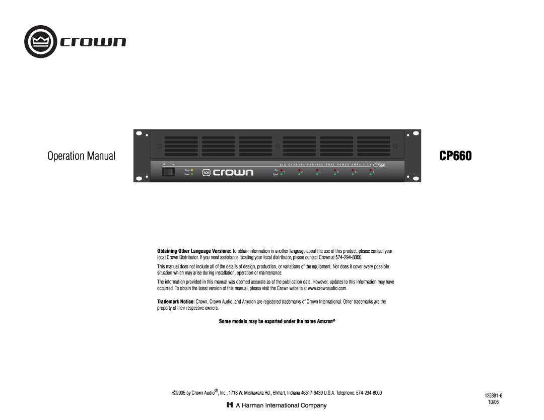 Crown Audio CP660 operation manual Some models may be exported under the name Amcron 