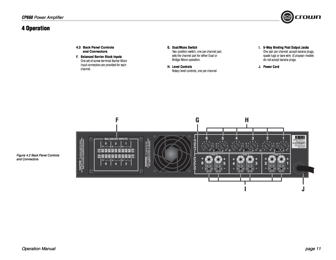 Crown Audio operation manual Operation, CP660 Power Ampliﬁer, page, 4.3Back Panel Controls and Connectors 