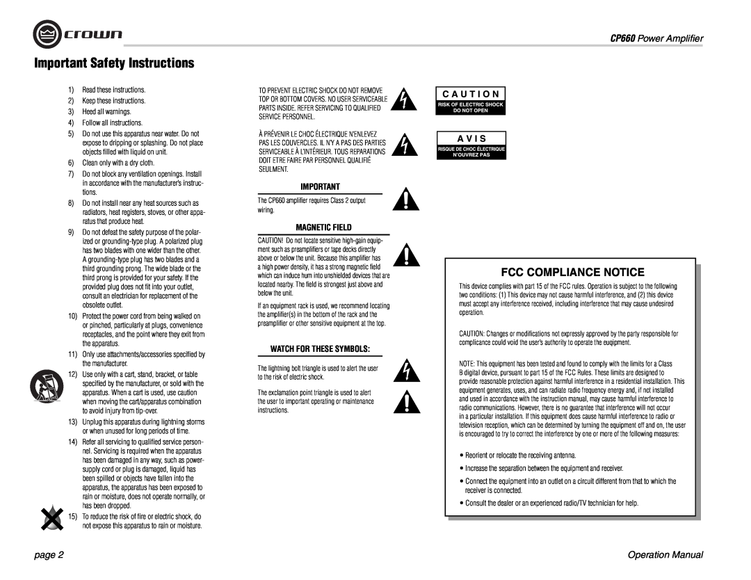 Crown Audio operation manual Important Safety Instructions, CP660 Power Ampliﬁer, page, Fcc Compliance Notice 