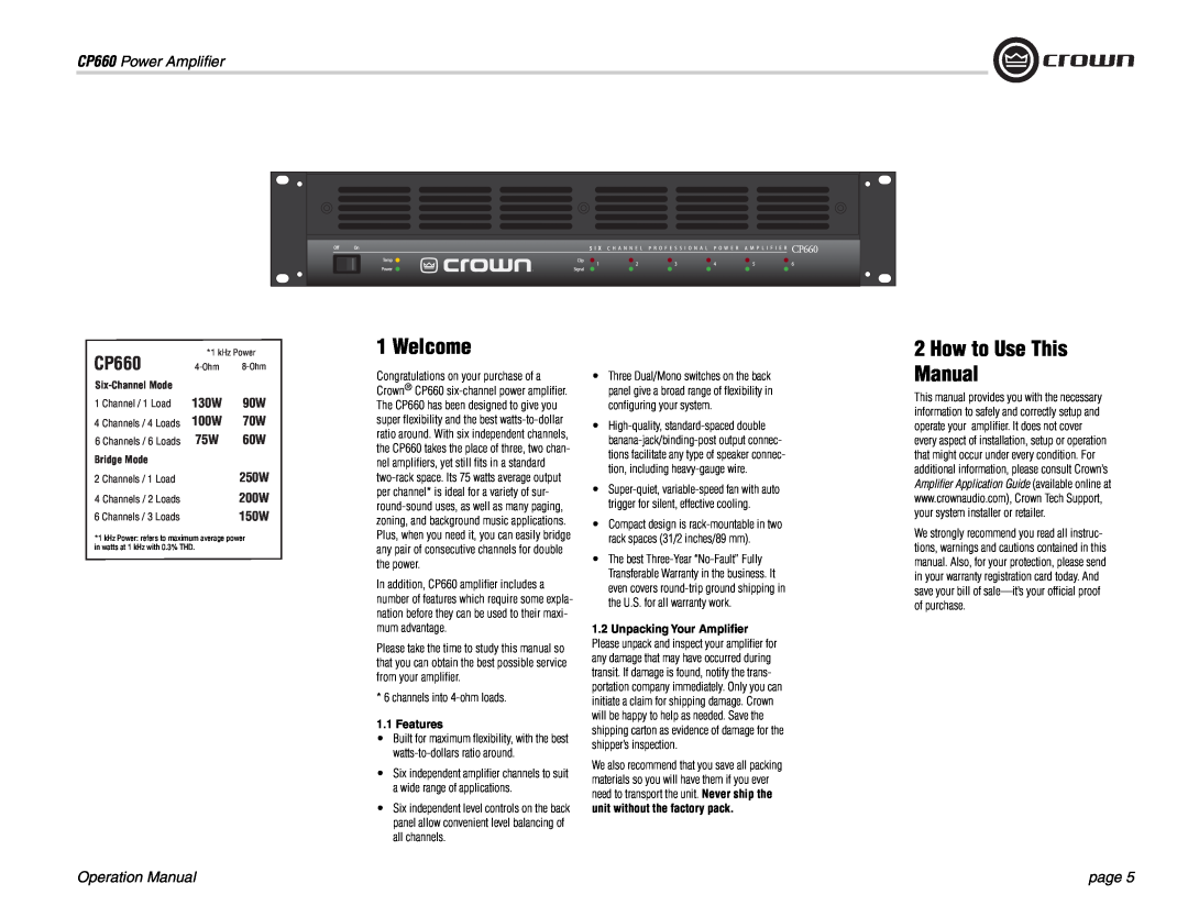 Crown Audio Welcome, How to Use This Manual, CP660 Power Ampliﬁer, Operation Manual, page, Features, Six-ChannelMode 