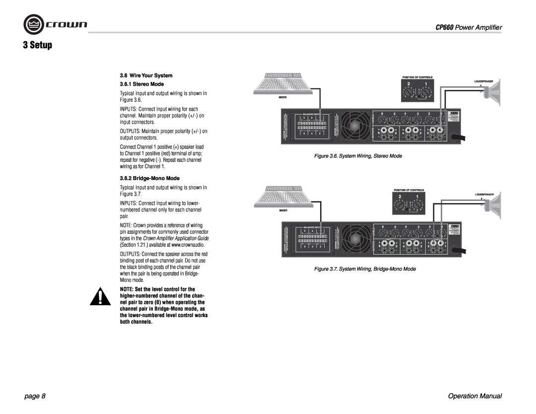 Crown Audio operation manual Setup, CP660 Power Ampliﬁer, page, 3.6Wire Your System 3.6.1 Stereo Mode, Bridge-MonoMode 