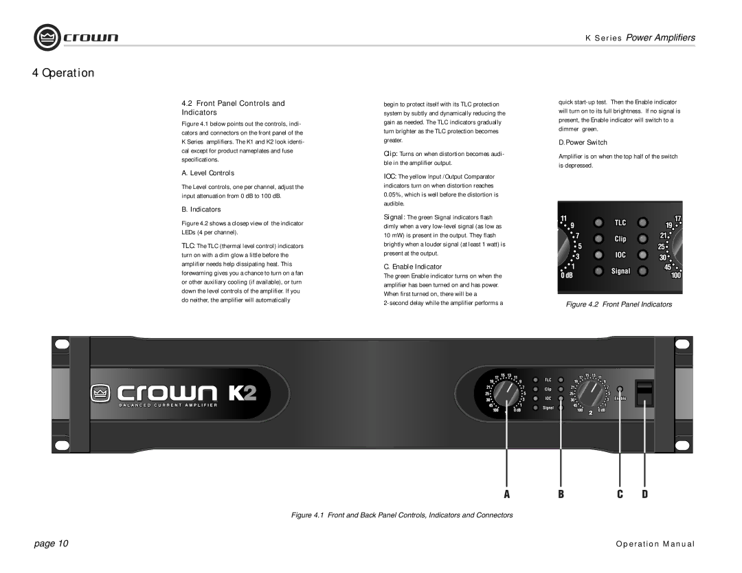 Crown Audio CROWN K Series operation manual Front Panel Controls Indicators, Level Controls, Enable Indicator, Power Switch 