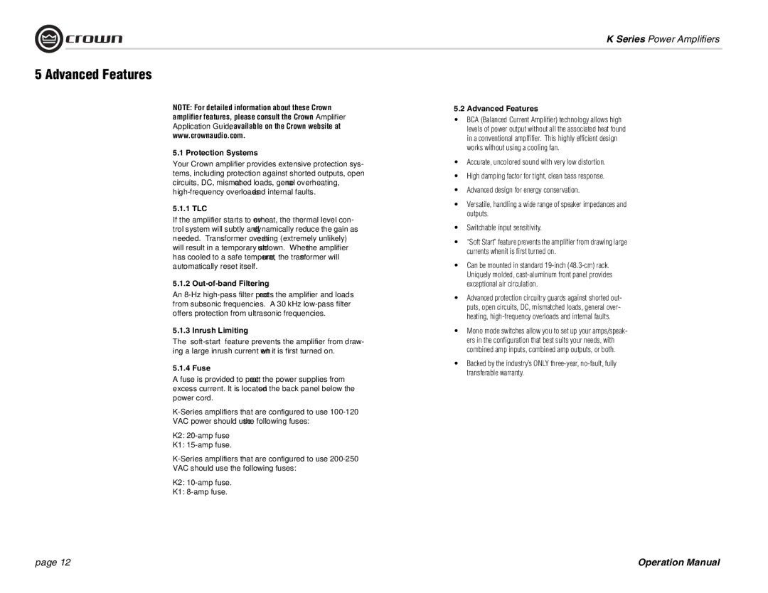 Crown Audio CROWN K Series operation manual Advanced Features 