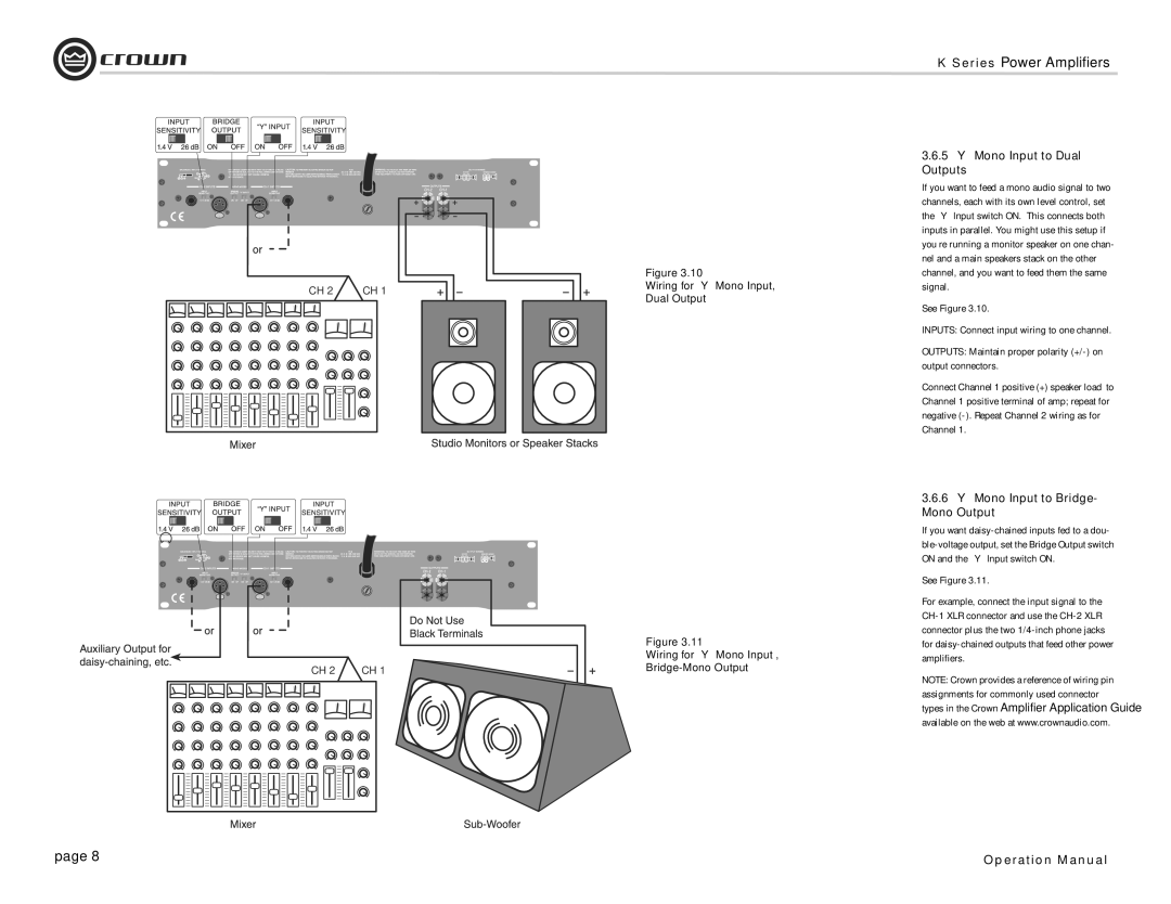 Crown Audio CROWN K Series operation manual Mono Input to Dual Outputs, Mono Input to Bridge- Mono Output, See Figure 