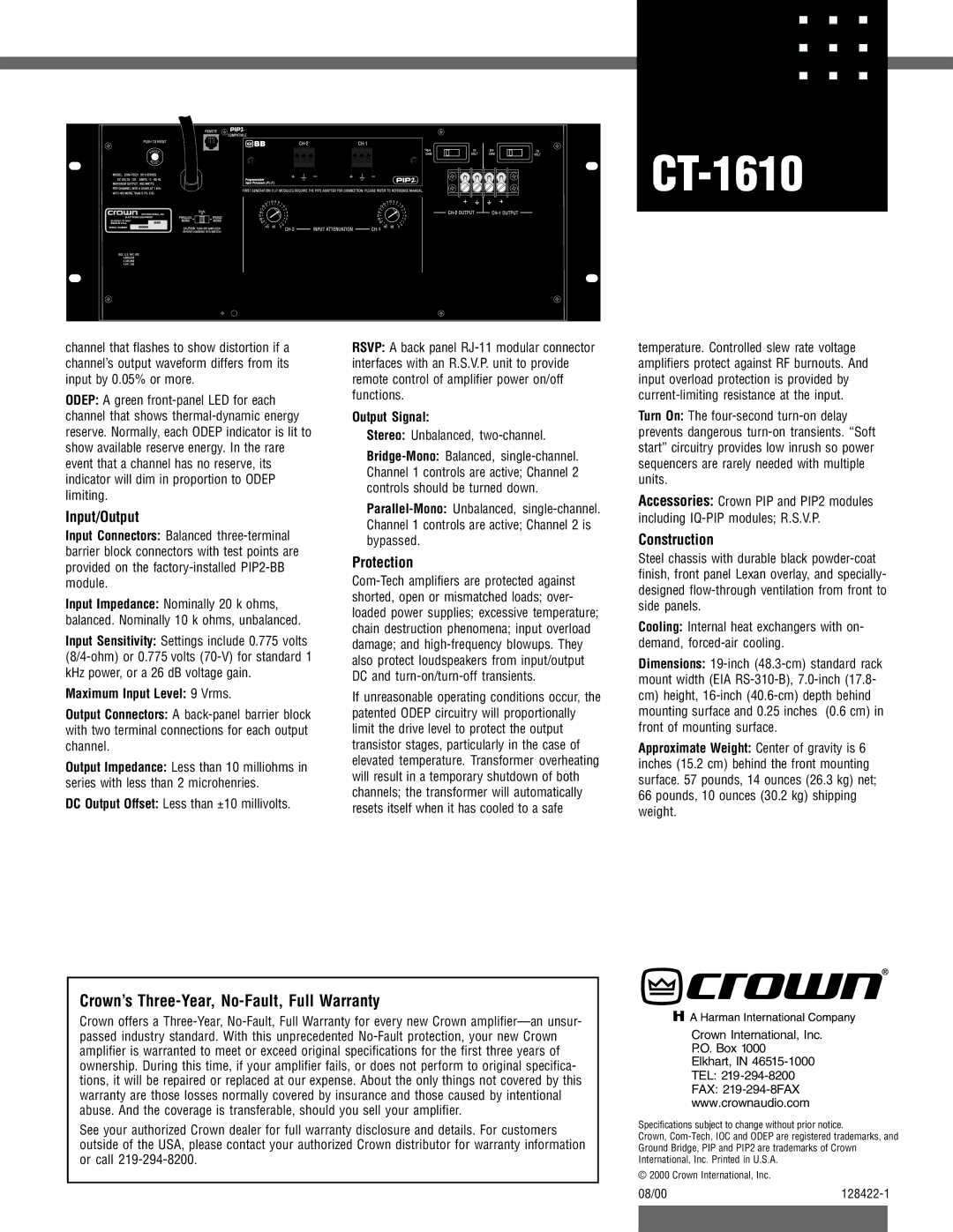 Crown Audio CT-1610 specifications Crown’s Three-Year, No-Fault, Full Warranty, Input/Output, Protection, Construction 