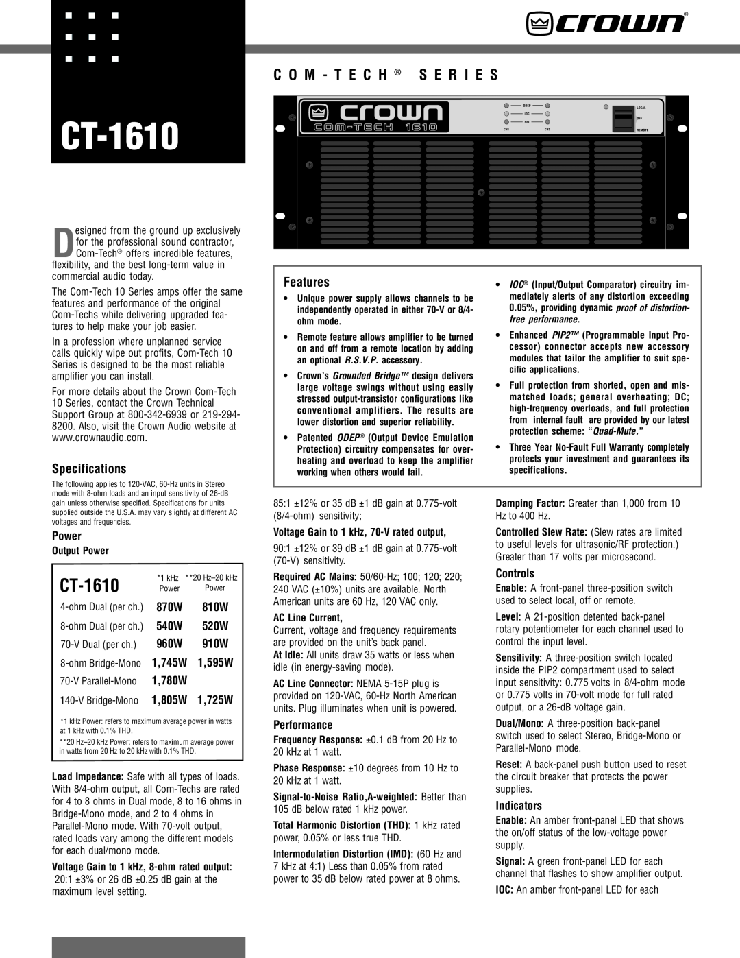 Crown Audio CT-1610 specifications Specifications, Features, Power, Performance, Controls, Indicators, free performance 