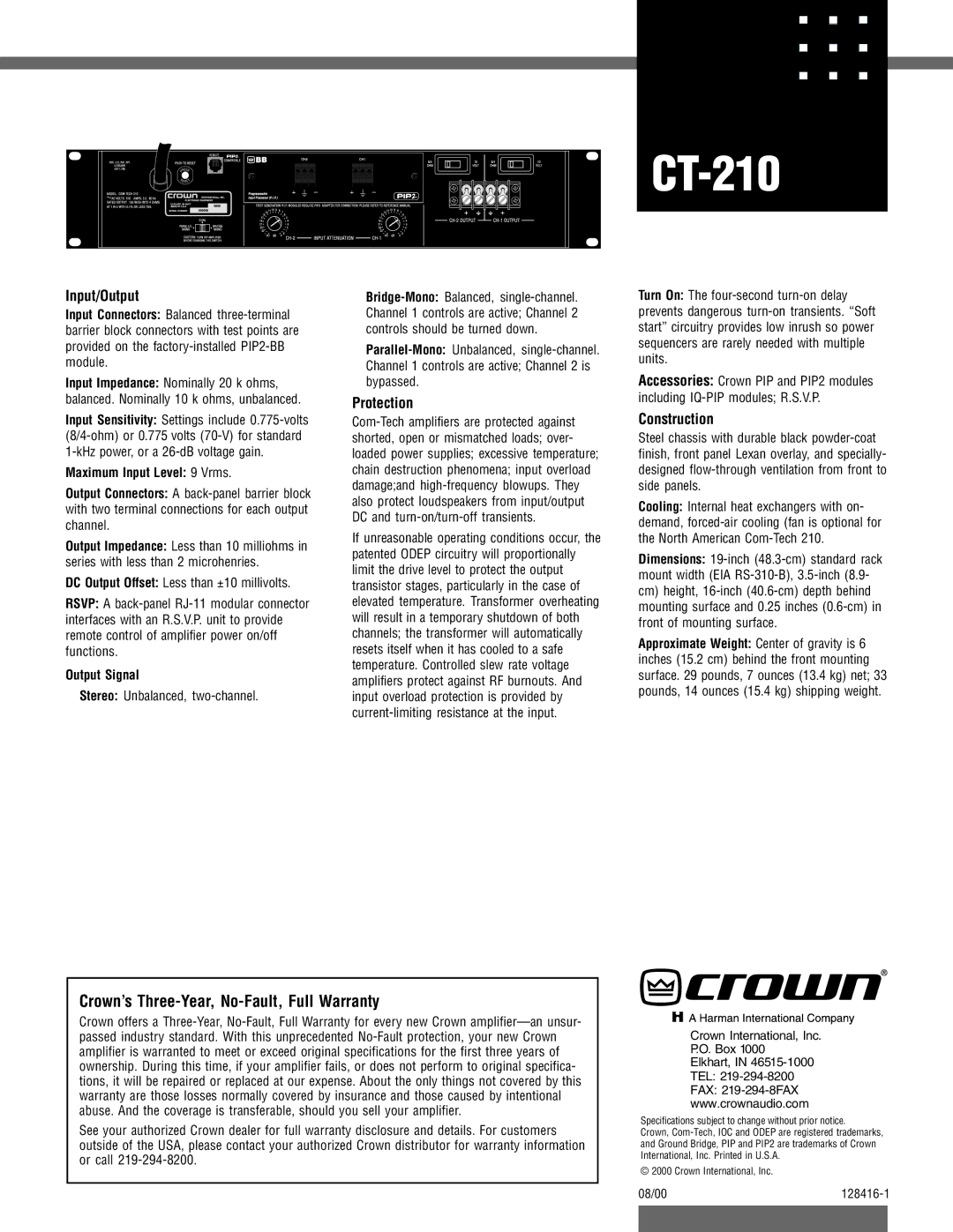 Crown Audio CT-210 specifications Crown’s Three-Year, No-Fault, Full Warranty, Input/Output, Protection, Construction 