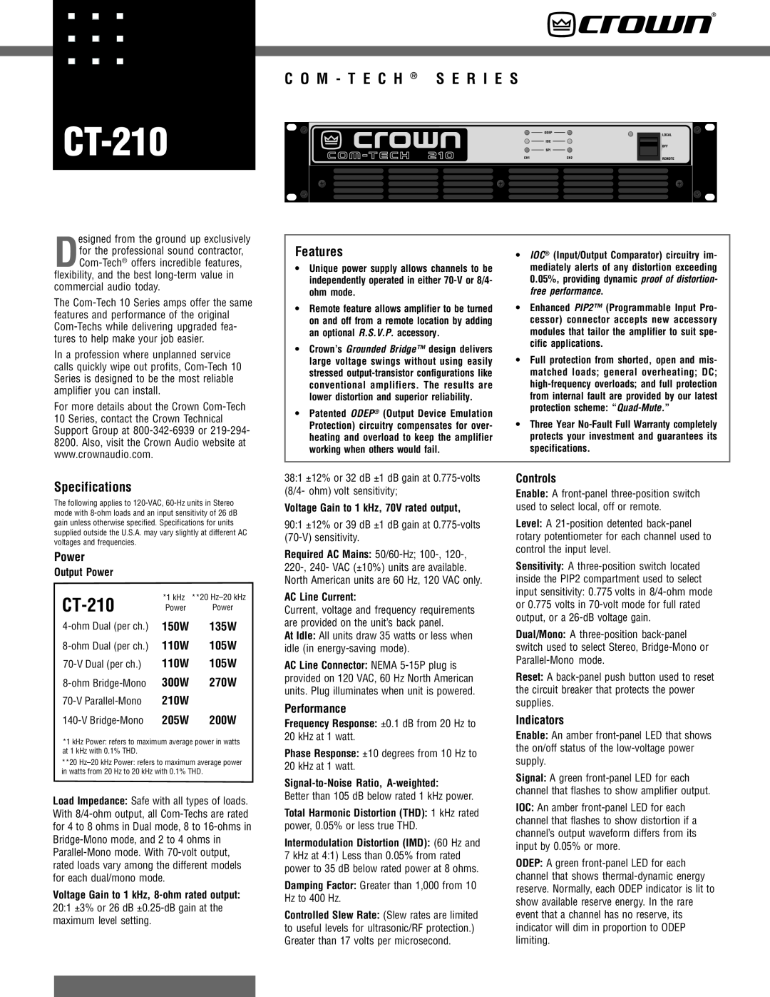 Crown Audio CT-210 specifications Features, Specifications, Power, Performance, Controls, Indicators, free performance 