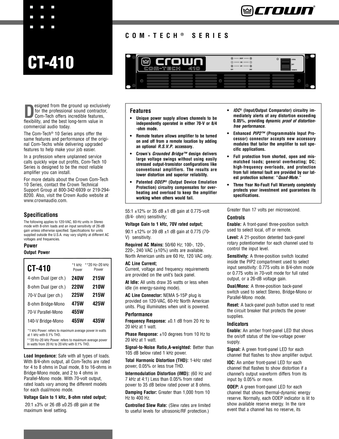 Crown Audio CT-410 specifications Features, Specifications, Power, Performance, Controls, Indicators 