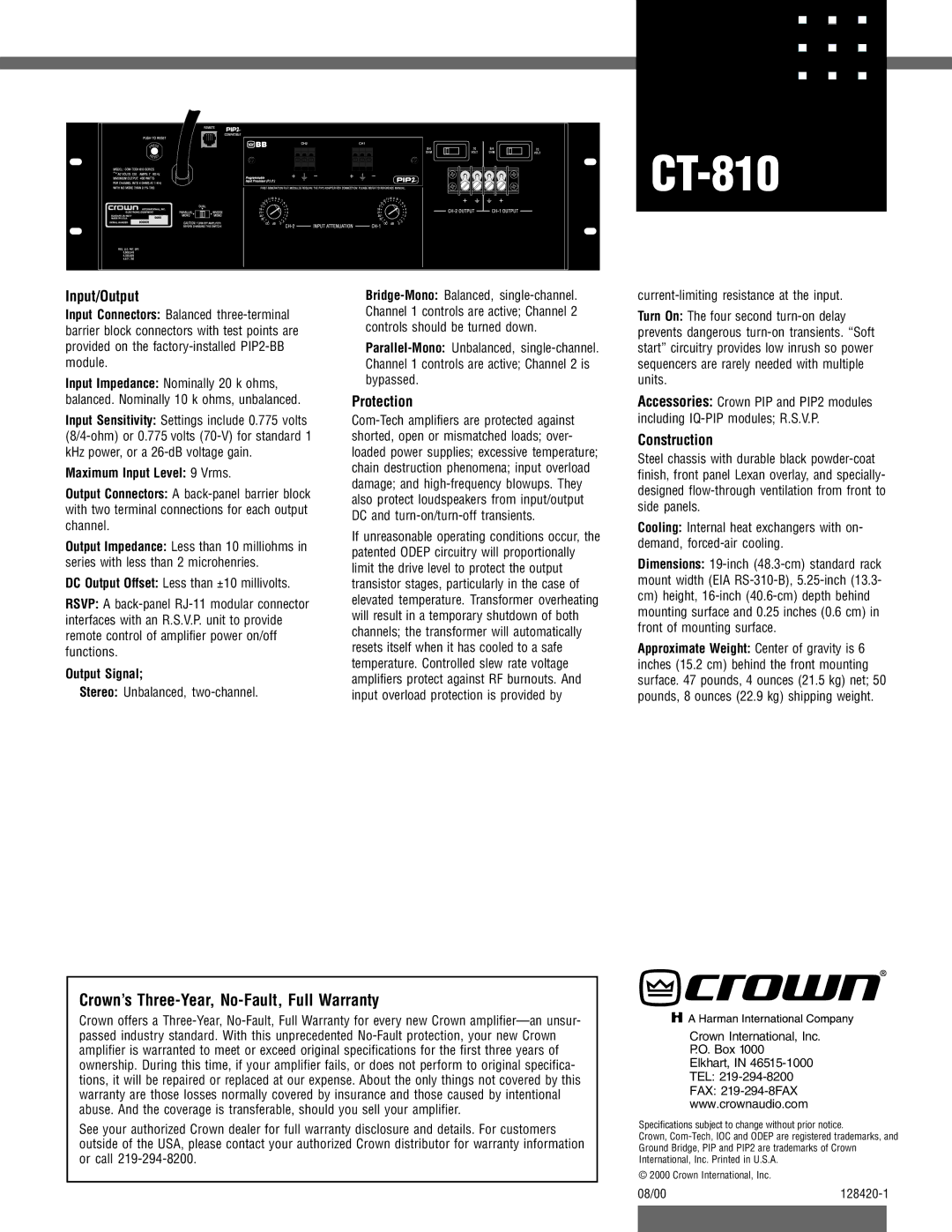 Crown Audio CT-810 specifications Crown’s Three-Year, No-Fault, Full Warranty, Input/Output, Protection, Construction 