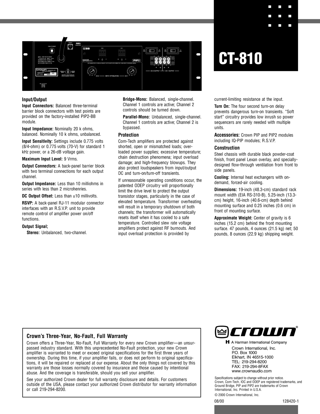 Crown Audio CT-810 specifications Crown’s Three-Year, No-Fault,Full Warranty, Input/Output, Protection, Construction 