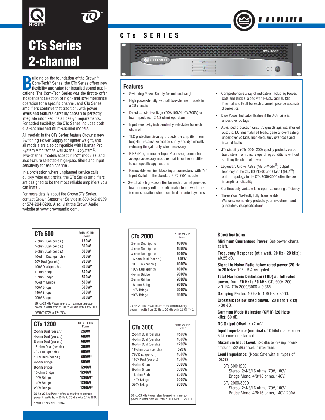 Crown Audio CTs 2-Channel specifications Features, Speciﬁcations 