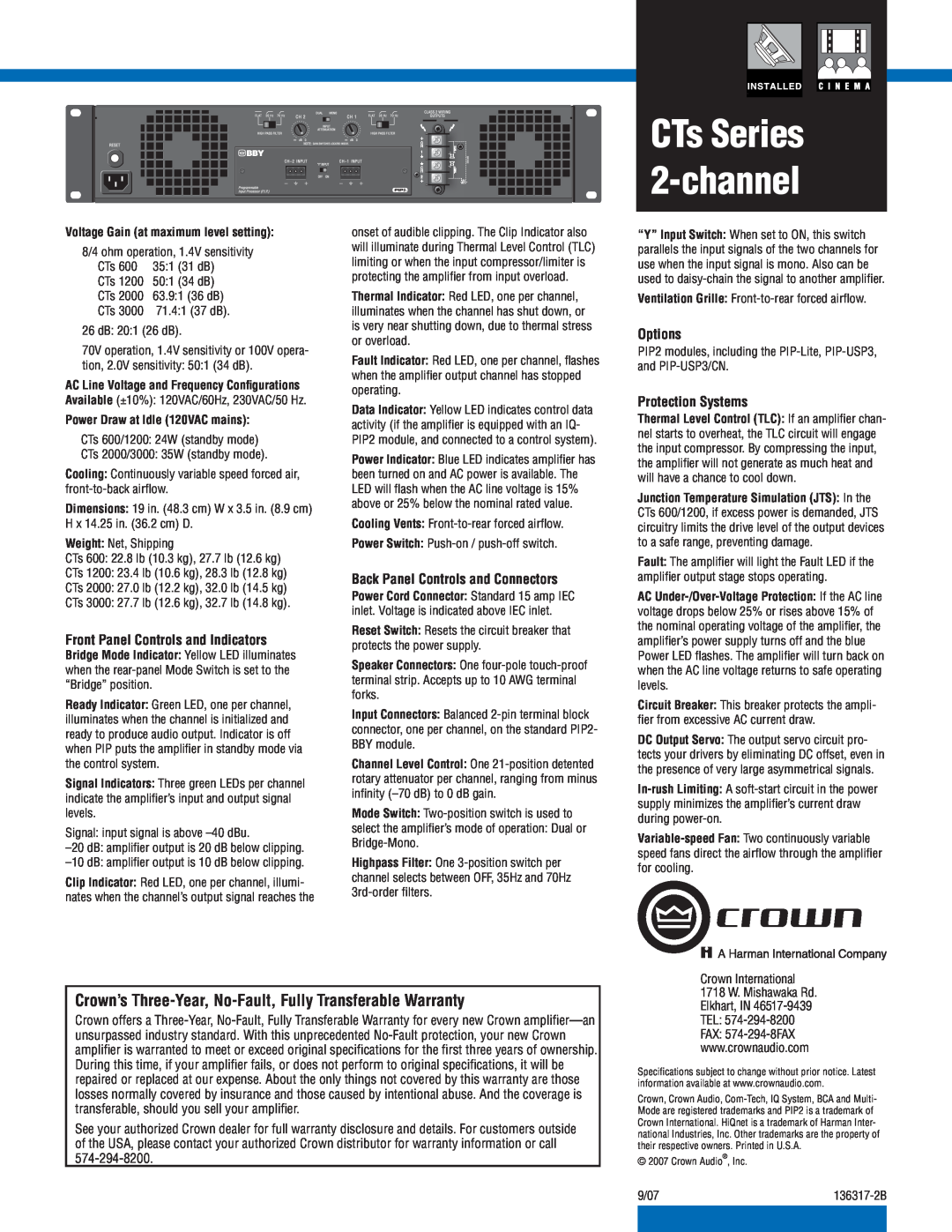Crown Audio CTs 2-Channel specifications Front Panel Controls and Indicators, Back Panel Controls and Connectors, Options 