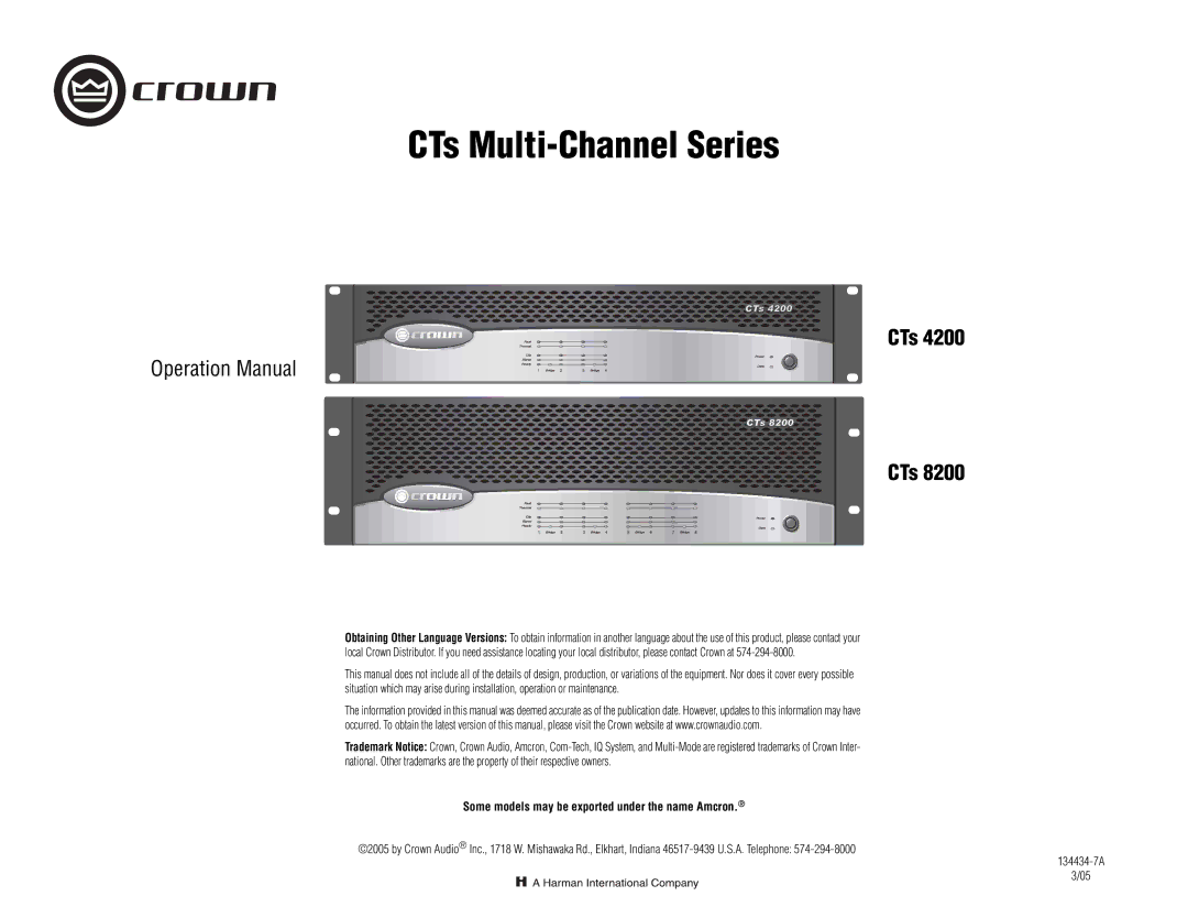 Crown Audio CTs 4200, CTs 8200 operation manual Some models may be exported under the name Amcron 