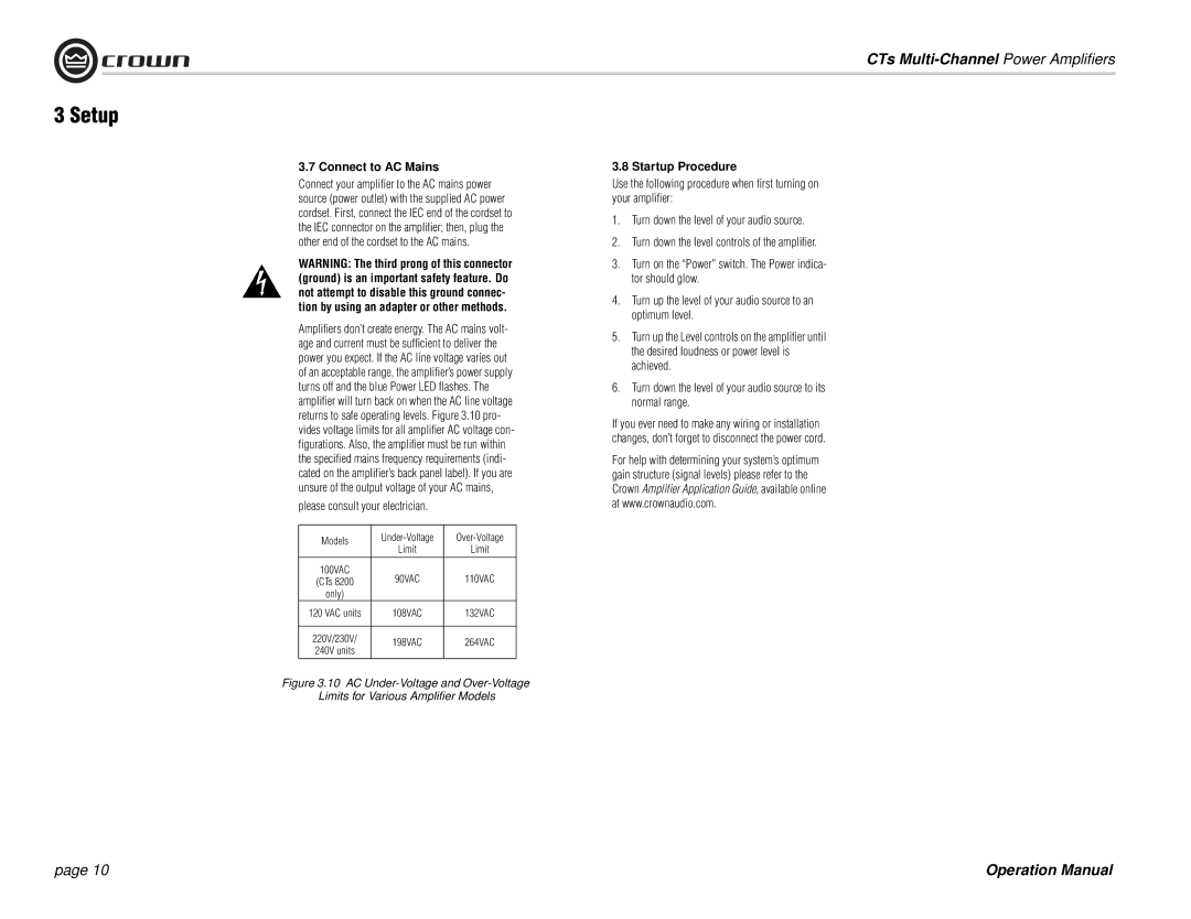 Crown Audio CTs 8200, CTs 4200 operation manual Connect to AC Mains, Please consult your electrician, Startup Procedure 