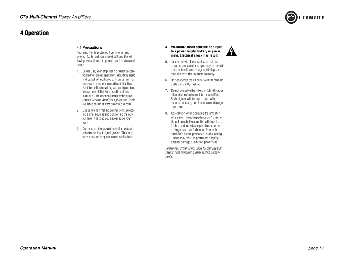 Crown Audio CTs 4200, CTs 8200 operation manual Operation, Precautions 