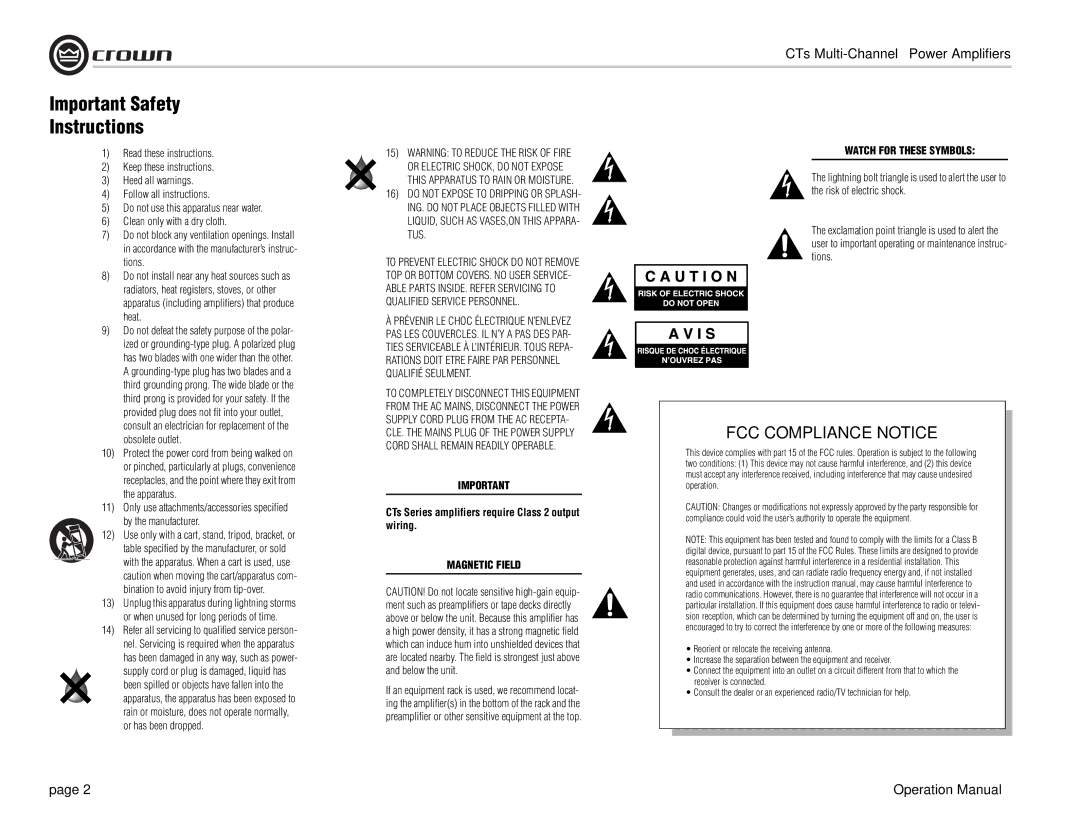 Crown Audio CTs 8200, CTs 4200 Important Safety Instructions, CTs Series amplifiers require Class 2 output wiring 