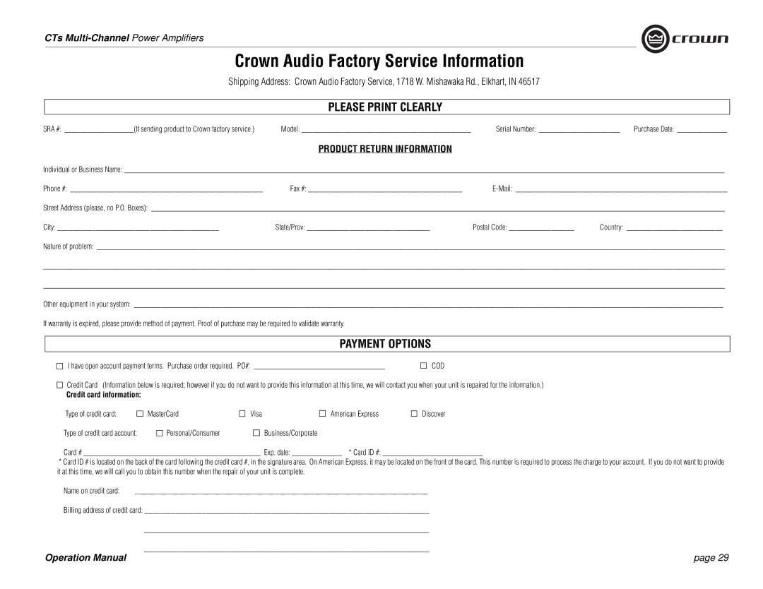 Crown Audio CTs 4200, CTs 8200 City State/Prov Postal Code Country, Credit card information, Type of credit card 