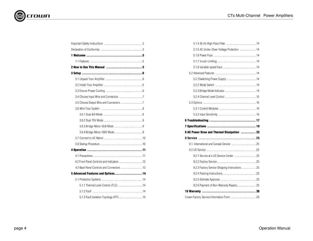 Crown Audio CTs 8200 Welcome, Setup, Troubleshooting, Specifications, AC Power Draw and Thermal Dissipation, Service 