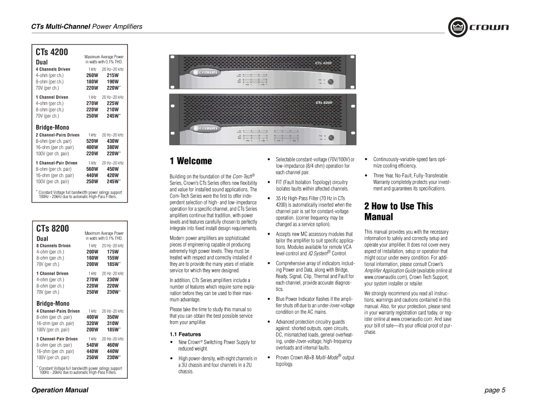 Crown Audio CTs 4200, CTs 8200 Welcome, How to Use This Manual, Features, Proven Crown AB+B Multi-Modeoutput topology 