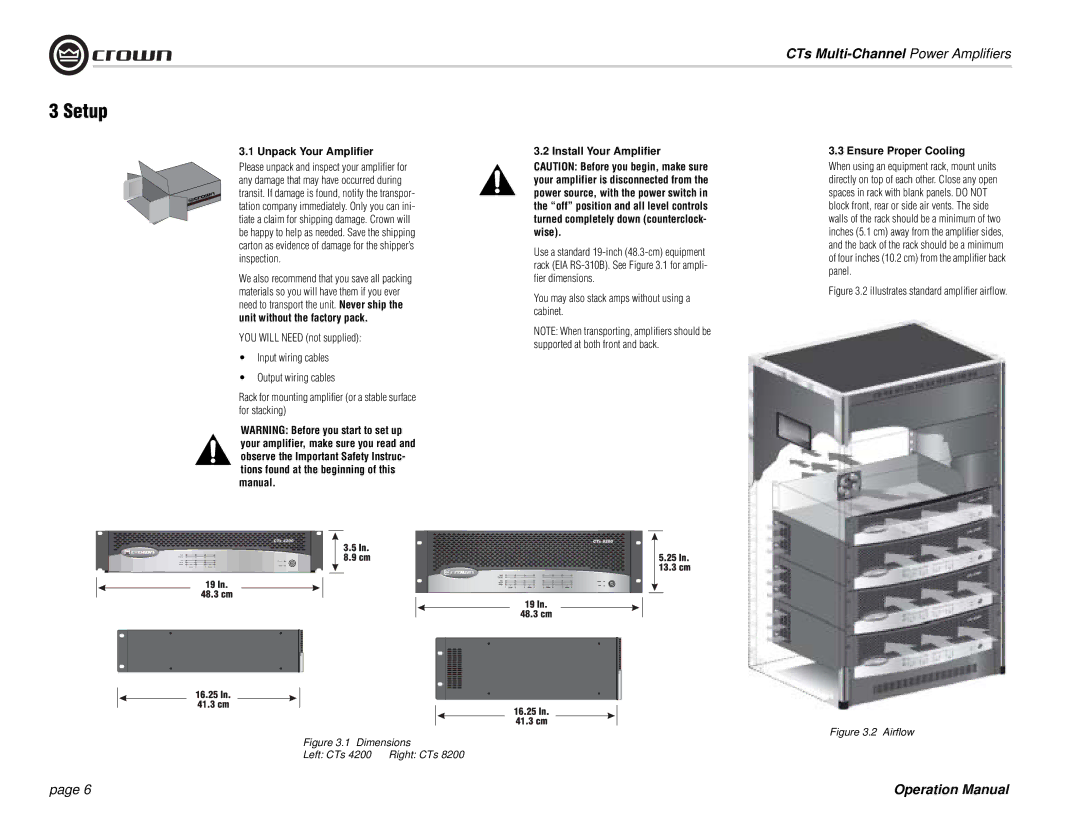 Crown Audio CTs 8200, CTs 4200 operation manual Setup, Unpack Your Amplifier Install Your Amplifier 