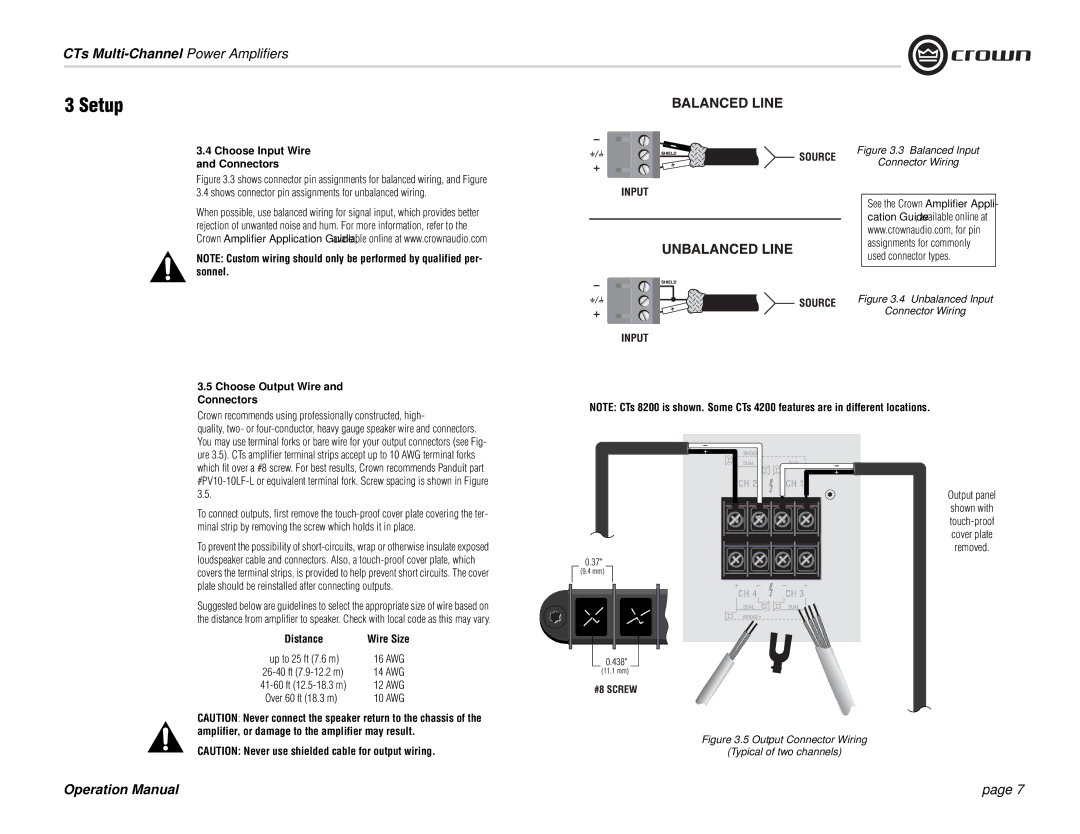 Crown Audio CTs 4200 Choose Input Wire and Connectors, Choose Output Wire and Connectors, Over 60 ft 18.3 m, Output panel 