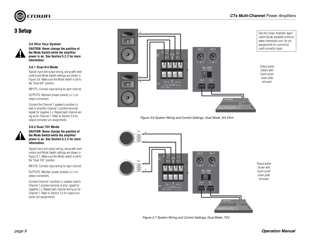 Crown Audio CTs 8200, CTs 4200 operation manual Wire Your System Dual 8/4 Mode, Dual 70V Mode 