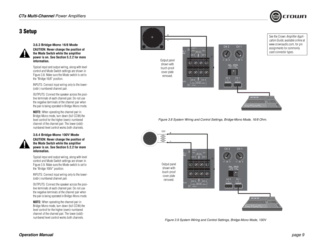 Crown Audio CTs 4200, CTs 8200 operation manual Bridge-Mono 16/8 Mode, Bridge-Mono 100V Mode 