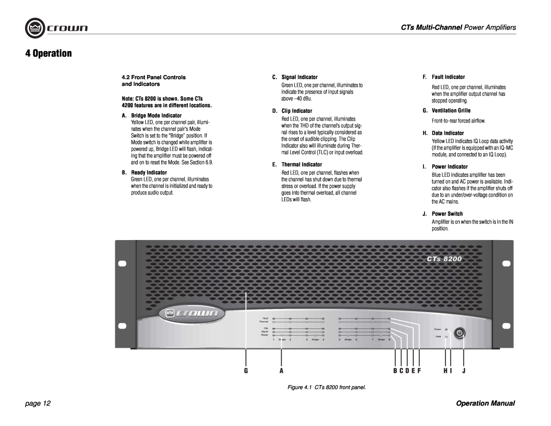 Crown Audio CTs 8200, CTs 4200 Operation, CTs Multi-Channel Power Amplifiers, page, Front Panel Controls and Indicators 