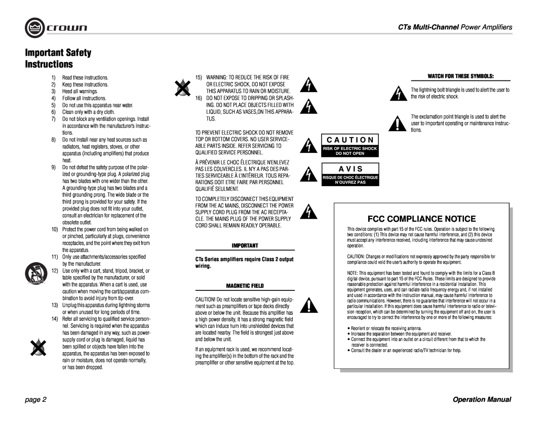 Crown Audio CTs 8200 Important Safety Instructions, Fcc Compliance Notice, CTs Multi-Channel Power Amplifiers, page 
