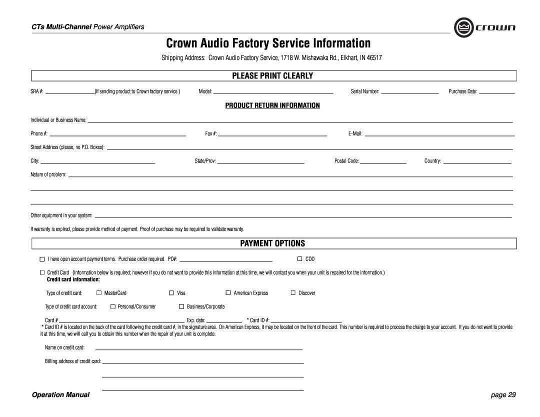 Crown Audio CTs 4200, CTs 8200 Crown Audio Factory Service Information, Please Print Clearly, Payment Options, page 