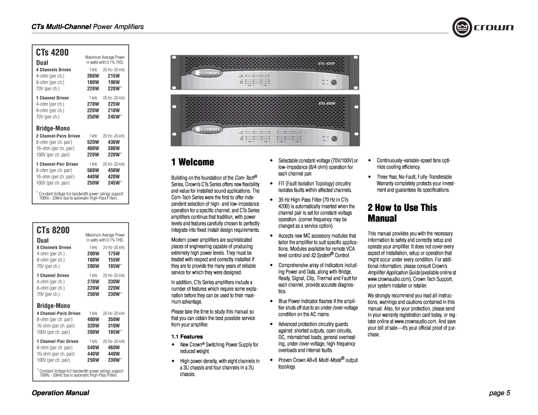 Crown Audio CTs 4200 Welcome, How to Use This Manual, CTs Multi-Channel Power Amplifiers, page, Dual, Bridge-Mono 