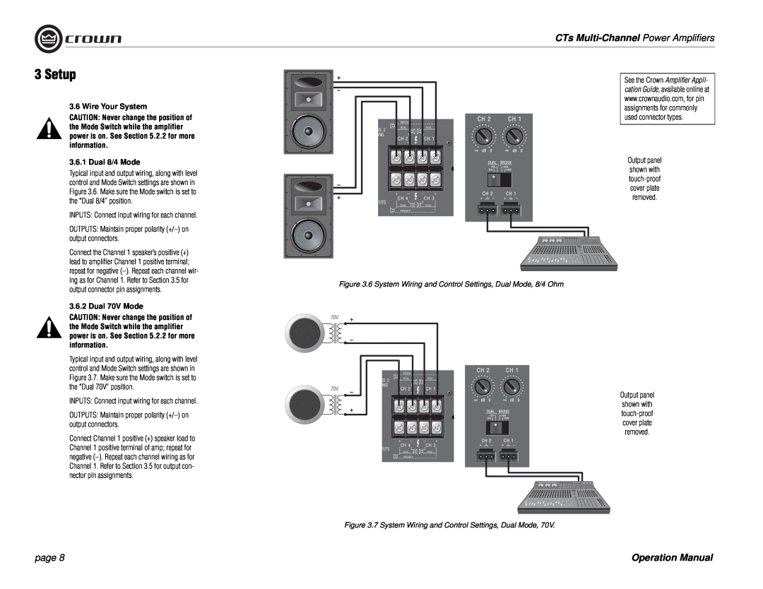 Crown Audio CTs 8200, CTs 4200 Setup, CTs Multi-Channel Power Amplifiers, page, See the Crown Amplifier Appli 